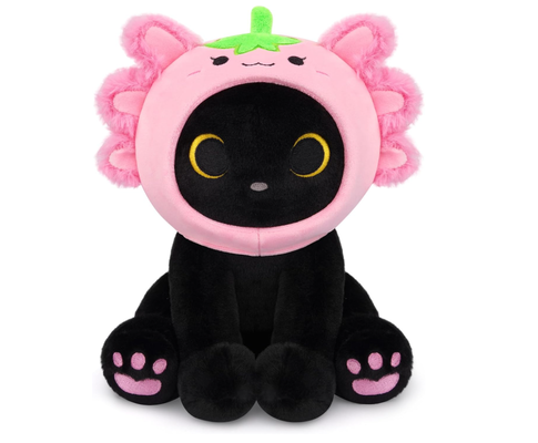 Black Cat Plush (Strawberry Axolotl Hood)