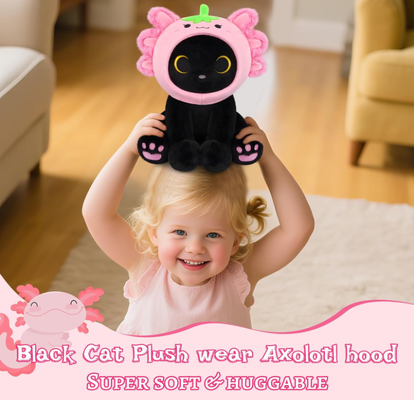 Peluche de gato negro con capucha de axolote de fresa, animal de peluche