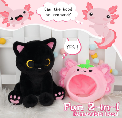 Peluche de gato negro con capucha de axolote de fresa, animal de peluche
