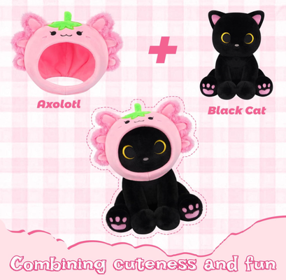 Peluche de gato negro con capucha de axolote de fresa, animal de peluche