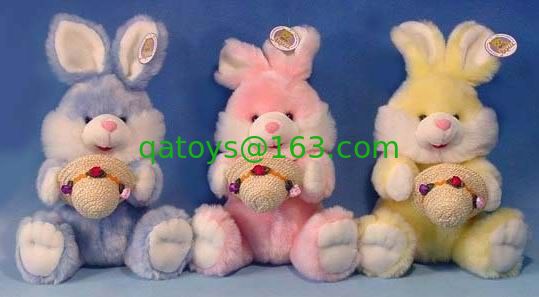 Juguetes rellenos largos de los conejitos de pascua de la felpa del pelo pequeños, amarillo/rosa/azul