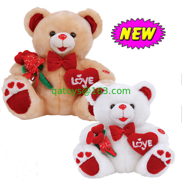 oso de peluche del día de tarjetas del día de San Valentín 12inch con la flor y los juguetes rellenos corazón del empuje para la celebración