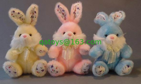 Juguetes rellenos largos de los conejitos de pascua de la felpa del pelo pequeños, amarillo/rosa/azul